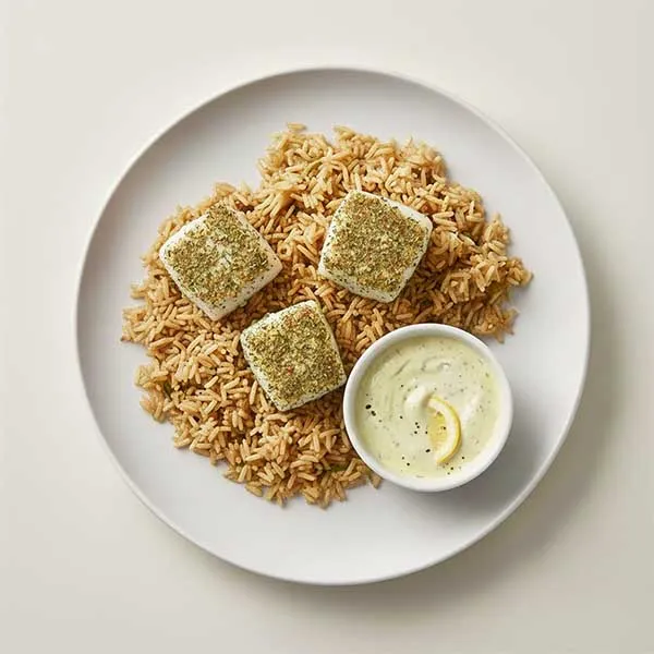 Tangy Herb-Crusted Fish over Fluffy Turmeric Pilaf with Golden Raisin Bursts